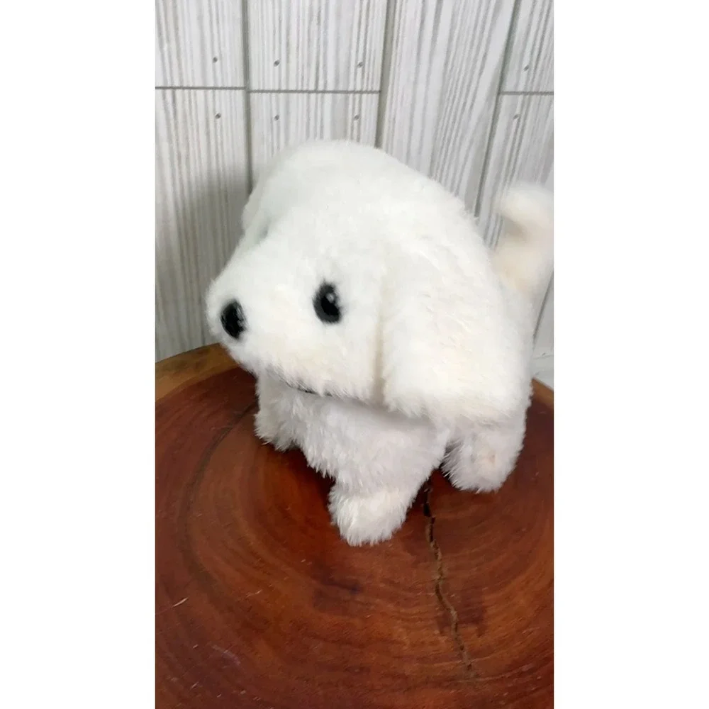 White Electronic Plush Puppy Dog Walking Toy Polka Dot Collar 7 Inch
